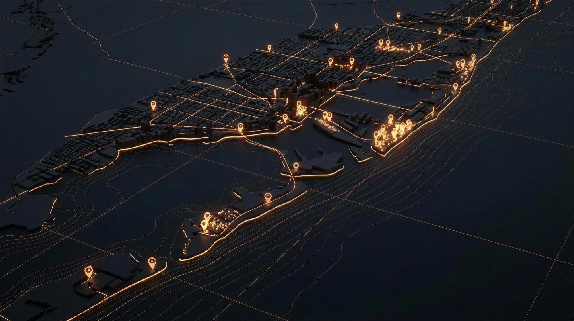 Dark 3D map of the Miami coastline with glowing amber listing pins