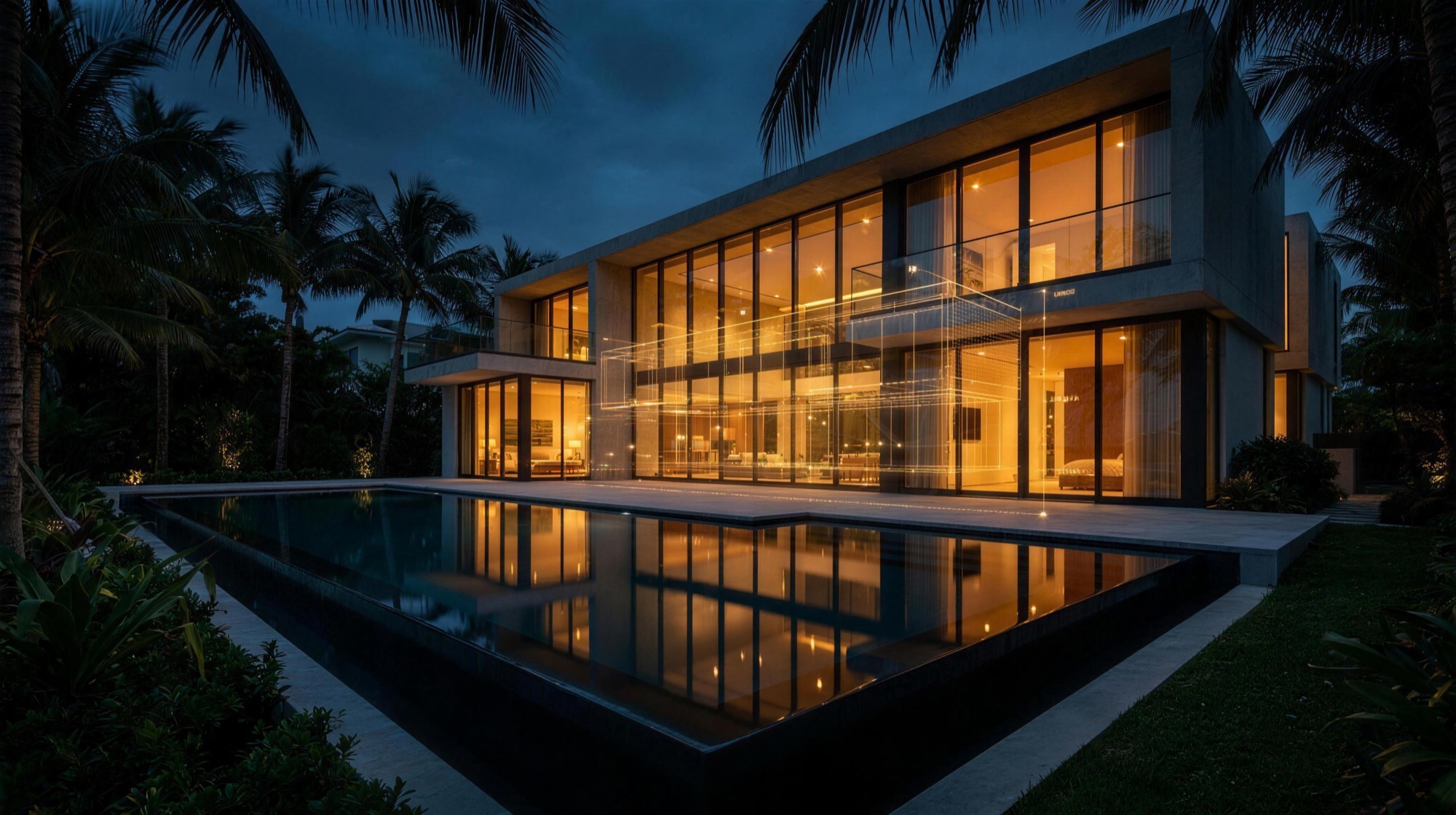 Modern Miami waterfront home at dusk with a holographic valuation scan