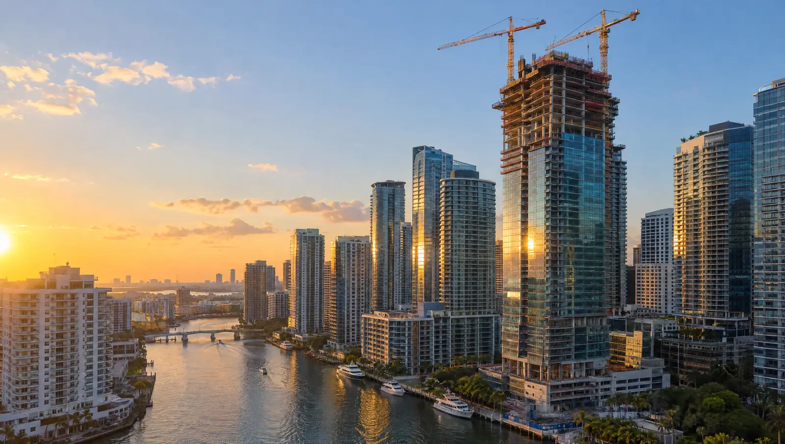 Illustration: tower under construction on the Miami River at golden hour
