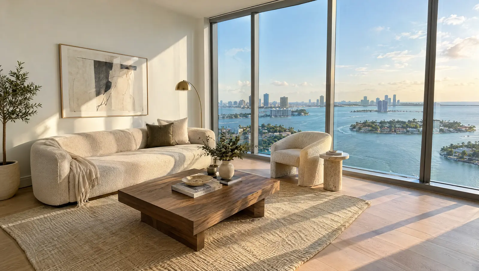 Illustration: sunlit high-floor living room overlooking Biscayne Bay and the Venetian Islands
