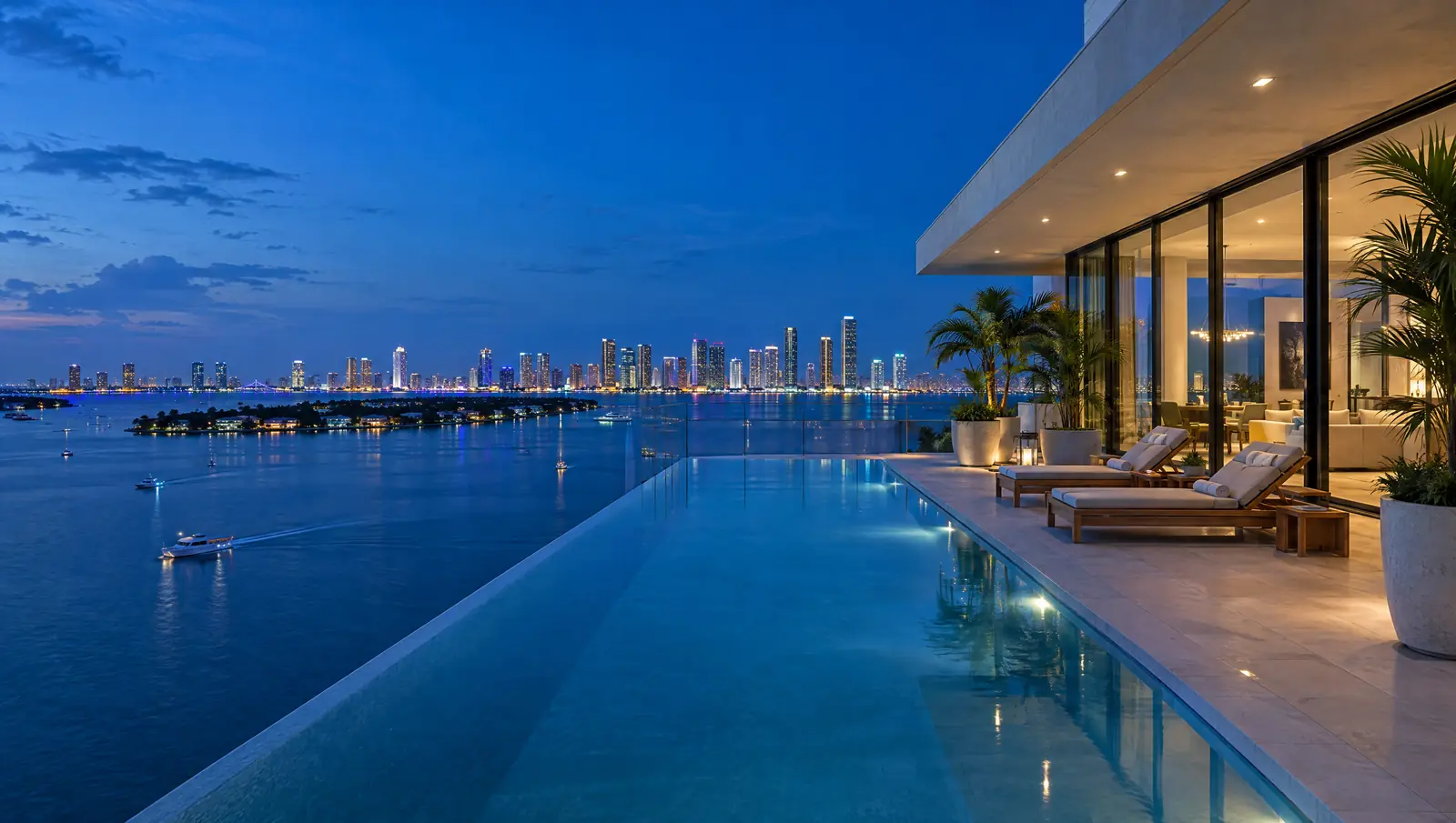 Illustration: penthouse terrace with an infinity pool at blue hour above Biscayne Bay