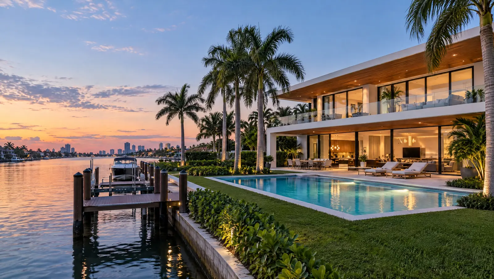Illustration: modern Miami waterfront home with a pool and dock at twilight