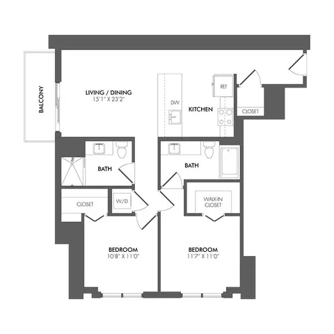 Floor plan BS2 - South Residence, 2 beds · 2 baths · 1,052 sf