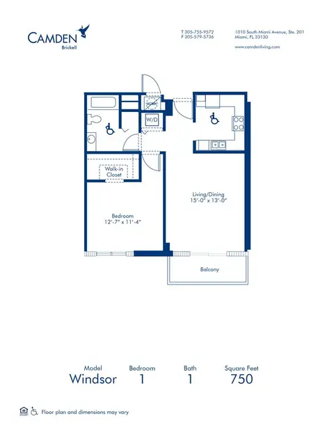 Floor plan Windsor, 1 bed · 1 bath · 750 sf
