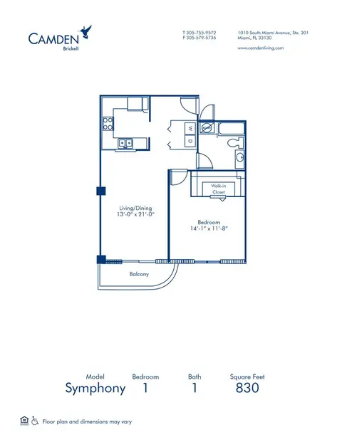 Floor plan Symphony, 1 bed · 1 bath · 830 sf