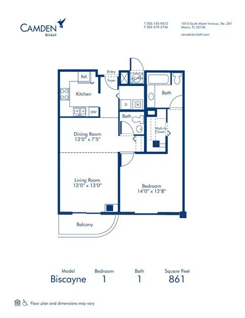 Floor plan Biscayne, 1 bed · 1.5 baths · 861 sf