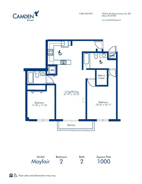 Floor plan Mayfair, 2 beds · 2 baths · 1,000 sf