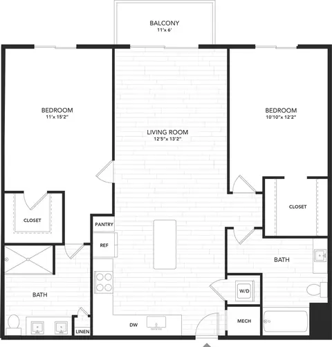 Floor plan B1, 2 beds · 2 baths · 1,073 sf