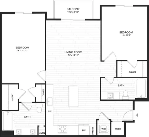 Floor plan B3, 2 beds · 2 baths · 1,136 sf