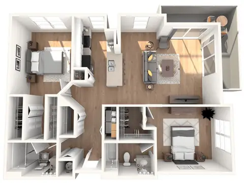 Floor plan 2D20, 2 beds · 2 baths · 1,393 sf