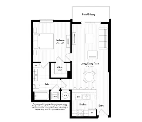 Floor plan A1.5, 1 bed · 1 bath · 740 sf