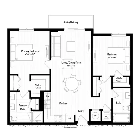 Floor plan B1.1a, 2 beds · 2 baths · 1,018 sf