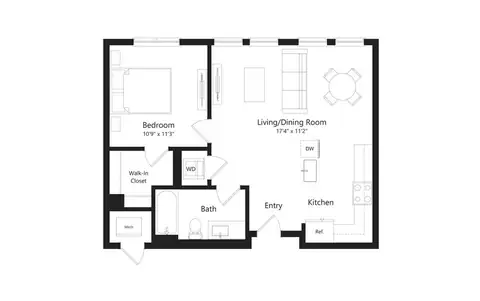 Floor plan U, 1 bed · 1 bath · 664 sf