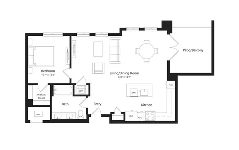 Floor plan S, 1 bed · 1 bath · 869 sf