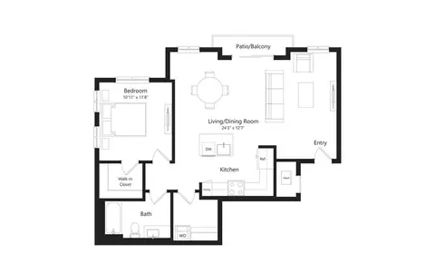 Floor plan R, 1 bed · 1 bath · 874 sf