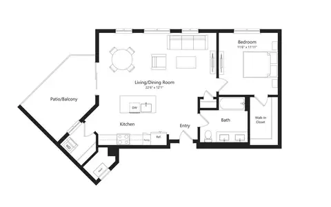 Floor plan O, 1 bed · 1 bath · 878 sf