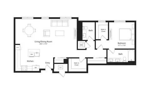 Floor plan T, 1 bed · 2 baths · 1,159 sf
