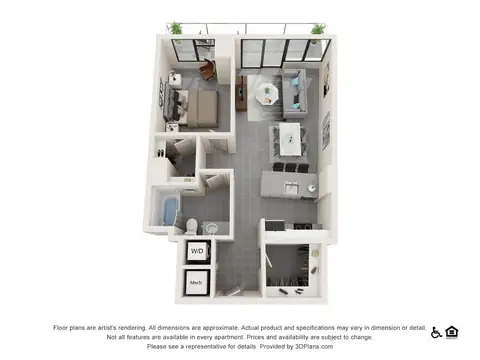 Floor plan One Bedroom B, 1 bed · 1 bath · 557 to 758 sf