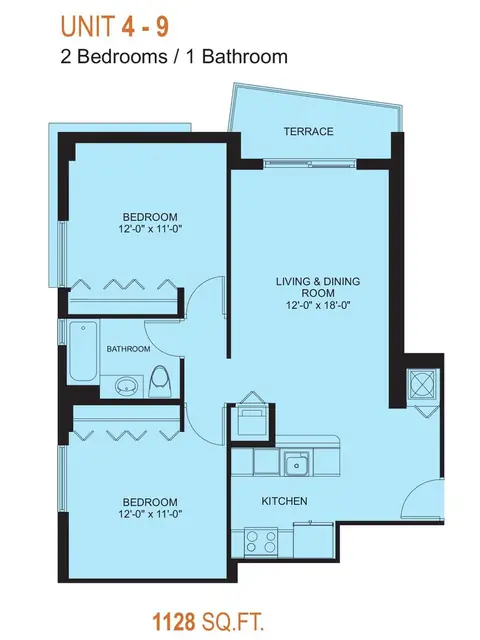 Floor plan Units 4 and 9, 2 beds · 1 bath · 1,128 sf