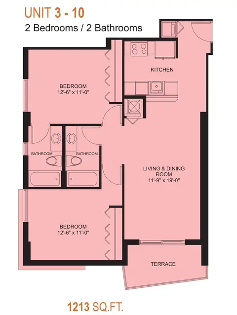 Floor plan Units 3 and 10, 2 beds · 2 baths · 1,213 sf