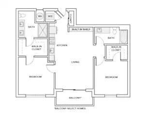 Floor plan B2, 2 beds · 2 baths · 1,043 sf
