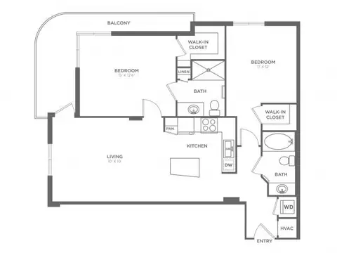 Floor plan Daze, 2 beds · 2 baths · 1,070 sf