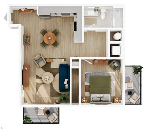 Floor plan L, 1 bed · 1 bath · 749 sf