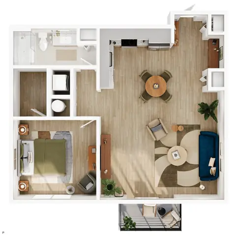 Floor plan P, 1 bed · 1 bath · 878 sf