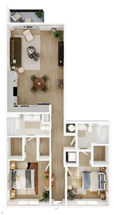 Floor plan C, 2 beds · 2 baths · 1,081 sf