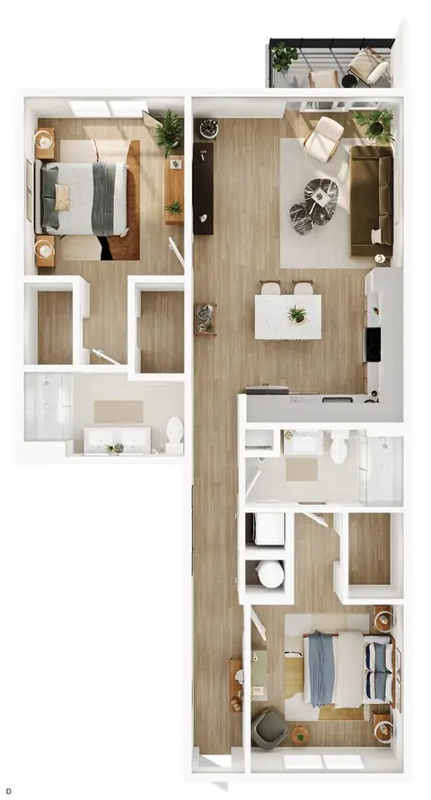 Floor plan D, 2 beds · 2 baths · 1,127 sf
