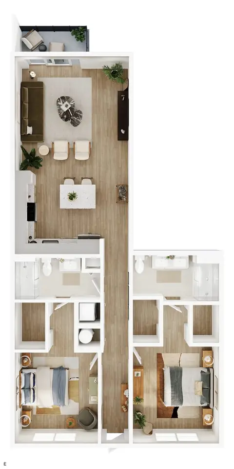 Floor plan E, 2 beds · 2 baths · 1,165 sf
