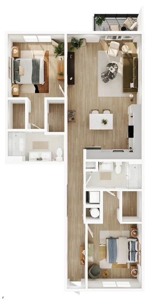 Floor plan F, 2 beds · 2 baths · 1,175 sf