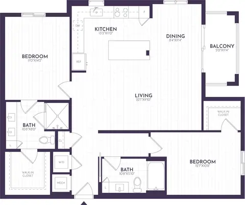 Floor plan 2 Bed/2 Bath-B2, 2 beds · 2 baths · 1,254 sf