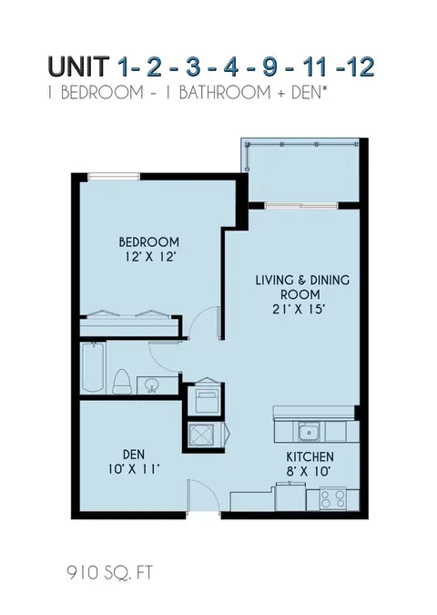 Floor plan 1 Bedroom + Den, 1 bed · 910 sf