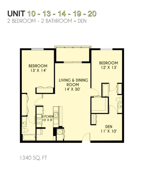 Floor plan 2 Bedroom / 2 Bath + Den, 2 beds · 2 baths · 1,340 sf