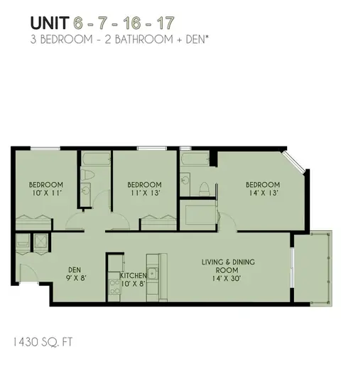 Floor plan 3 Bedroom / 2 Bath + Den, 3 beds · 2 baths · 1,430 sf