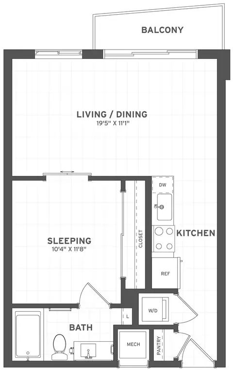 Floor plan Studio-S1, Studio · 1 bath · 607 sf