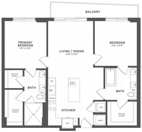 Floor plan 2 Bed/2 Bath-B2, 2 beds · 2 baths · 1,105 sf