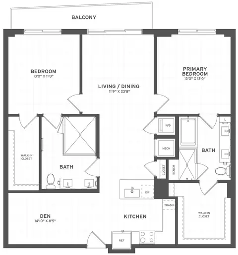 Floor plan 2 Bed/2 Bath Den-B1A, 2 beds · 2 baths · 1,320 sf