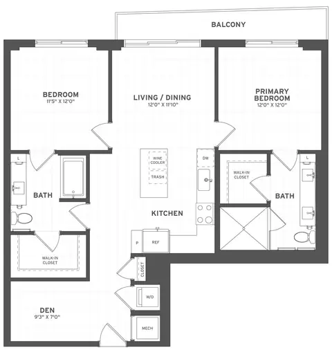 Floor plan 2 Bed/2 Bath Den-B5, 2 beds · 2 baths