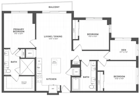 Floor plan 3 Bed/2 Bath Den-C1, 3 beds · 2 baths · 1,366 sf