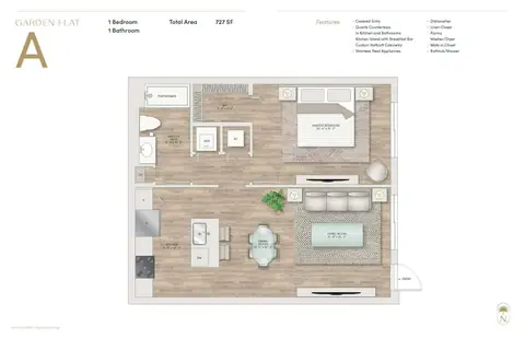 Floor plan Garden Flat A, 1 bed · 1 bath · 727 sf