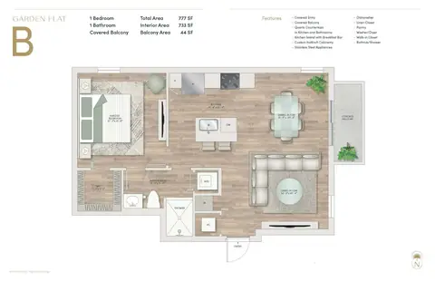 Floor plan Garden Flat B, 1 bed · 1 bath · 777 sf