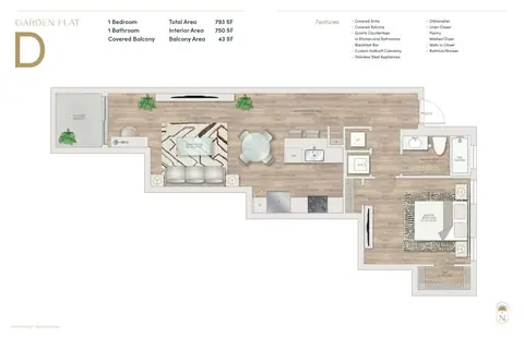Floor plan Garden Flat D, 1 bed · 1 bath · 793 sf