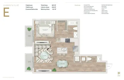Floor plan Garden Flat E, 1 bed · 1.5 baths · 901 sf