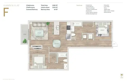 Floor plan Garden Flat F, 2 beds · 2 baths · 1,051 sf