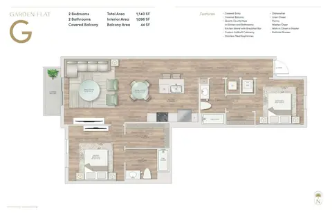 Floor plan Garden Flat G, 2 beds · 2 baths · 1,109 to 1,125 sf
