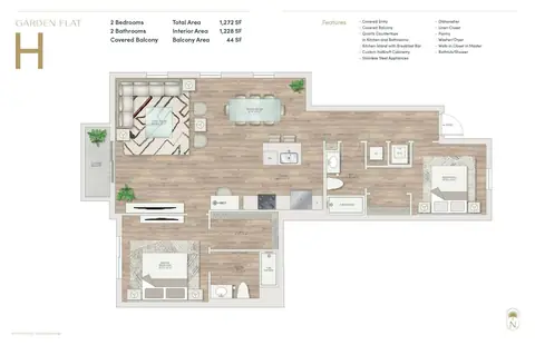 Floor plan Garden Flat H, 2 beds · 2 baths · 1,257 sf