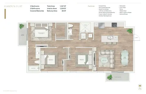 Floor plan Garden Flat I, 3 beds · 2 baths · 1,298 sf