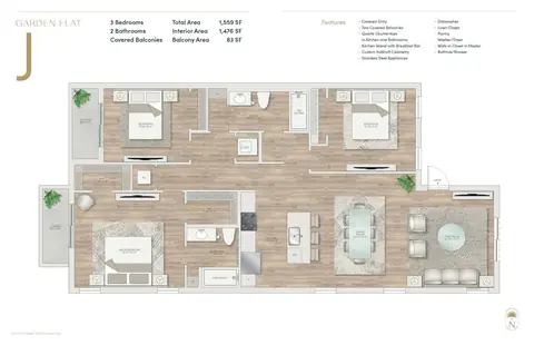 Floor plan Garden Flat J, 3 beds · 2 baths · 1,476 sf